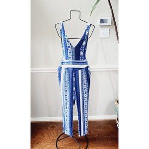 Free People All Shook Up Blue Print Sleeveless Boho Jumpsuit Festival Size 5